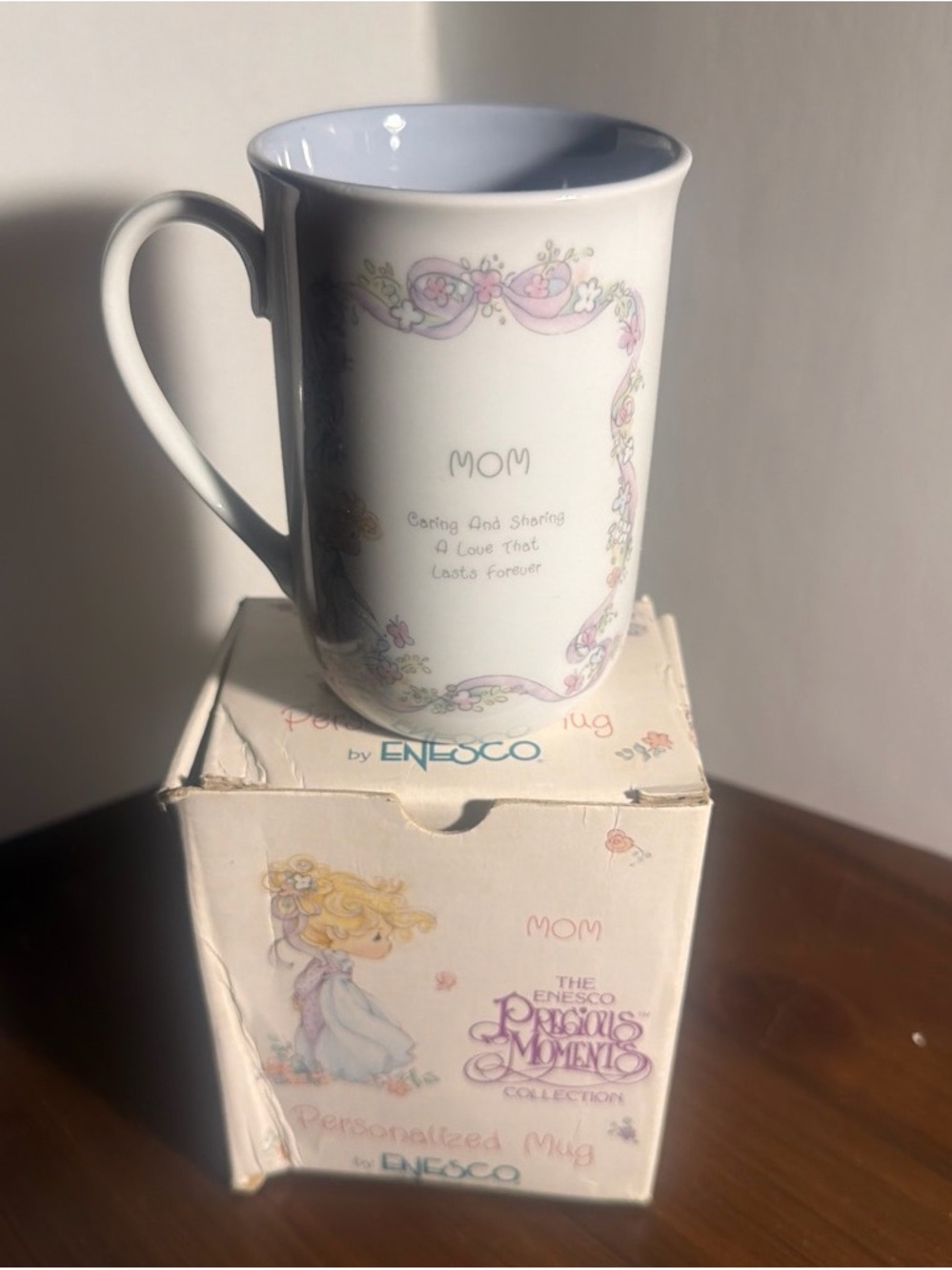 Precious moments White Ceramic 'MOM' Mug with Pink and Lavender Floral Accents